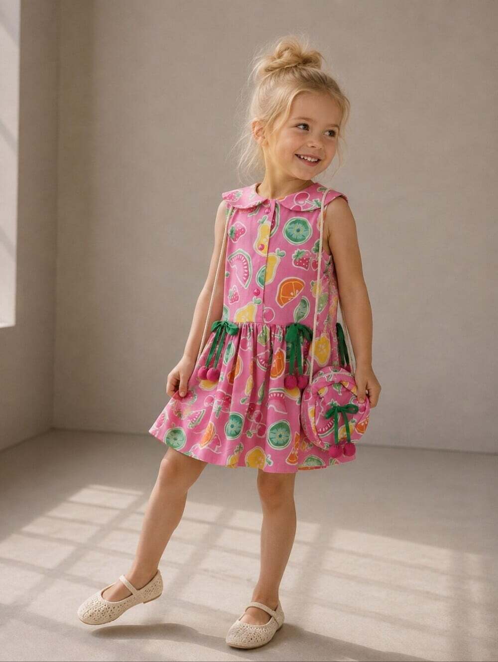 Vintage Kids N Fun 3X Pink Fruit Dress Purse Set Cherry Strawberry Y2K